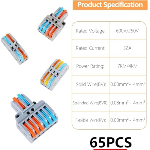 65 Pcs Lever Wire Connectors, Electrical Compact Splicing Wire Connectors Assortment Kit with Storage Box, Quick Disconnect & Flame Retardant Wire Connectors for AWG 28-12 - color: 65PCS mixed connectors