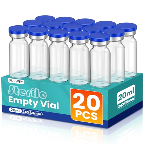 FURWEY 20ML Sterile Vials, Glass Empty Vials for Injection, 20 Pack - size: 20ML-20P