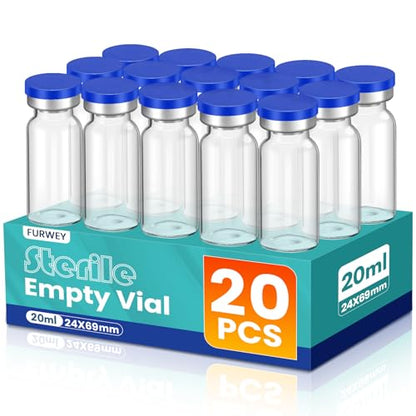 FURWEY 20ML Sterile Vials, Glass Empty Vials for Injection, 20 Pack - size: 20ML-20P