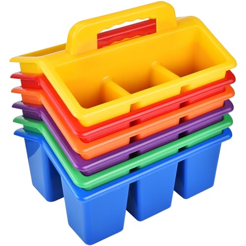 ALINK Classroom Caddy Storage Basket with Handle, 6 Pack Plastic Arts Office Crafts Caddy 4 Compartments for Kids, Pencil, Crayon, Marker, School Supplies, 6 Colors - color: Assorted Colors