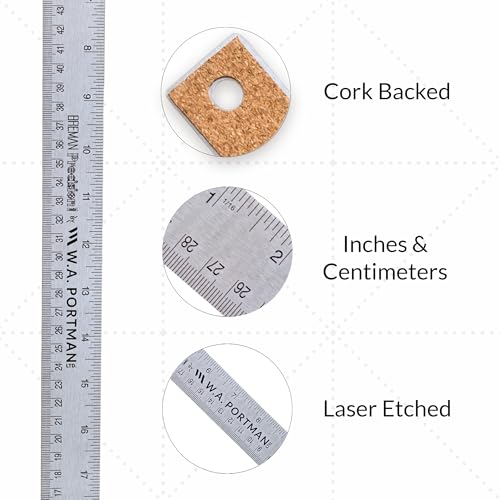 WA Portman Metal Ruler 24'', 2pc Corkback Stainless Steel Ruler Metric Edge - size: 24" 2 PACK