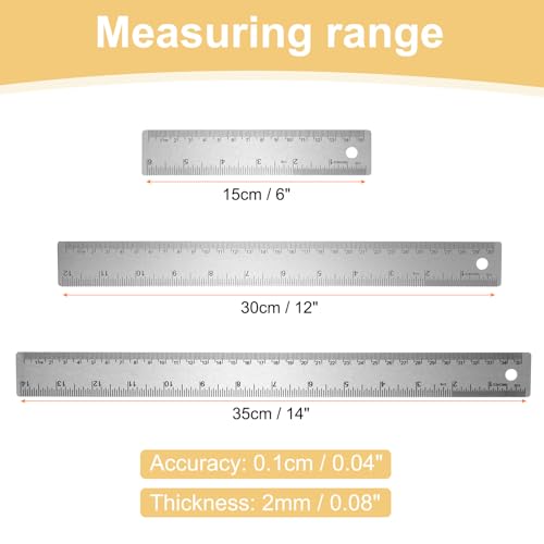 HARFINGTON 3pcs Stainless Steel Metal Ruler 15/30/35cm Straight Edge with Cork Backing Non-Slip Inch Metric Metal Ruler for Classroom Office Home Drafting Tools - size: 15/30/35cm