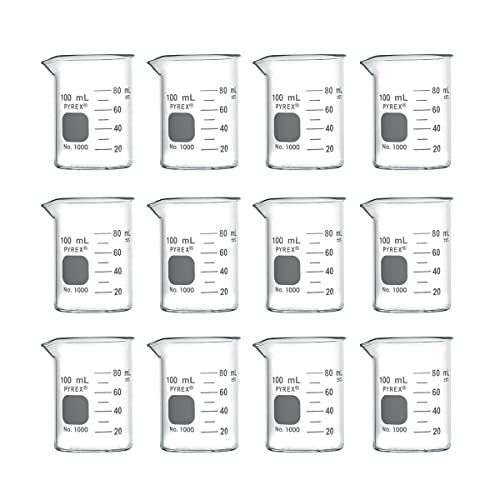 PYREX Griffin Borosilicate Glass Beaker- Low Form Graduated Measuring Beaker with Spout– Premium Scientific Glassware for Laboratories, Classrooms or Home Use - PYREX Chemistry Glassware, 100mL, 12/Pk - size: 100 mL
