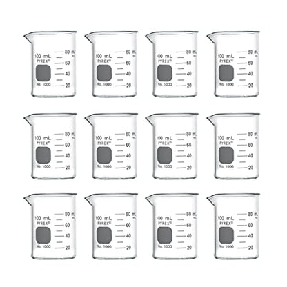 PYREX Griffin Borosilicate Glass Beaker- Low Form Graduated Measuring Beaker with Spout– Premium Scientific Glassware for Laboratories, Classrooms or Home Use - PYREX Chemistry Glassware, 100mL, 12/Pk - size: 100 mL