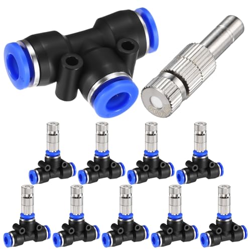 M METERXITY 10-Set Brass Misting Nozzles Tees Kit, 0.004"/0.1mm Orifice Mister Replacement Nozzles with Filter Mesh for Outdoor Cooling System/Greenhouse, 1/4" Water Misting Nozzle Tees Kits - size: 0.004"/0.1mm