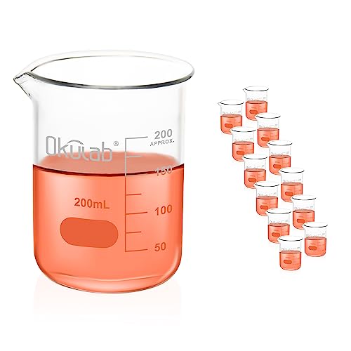 Glass Beaker, Graduated 3.3 Borosilicate Glass Beaker Set, 12pcs of 200ml Low Form Beakersfor Lab, Classroom, Craft, Kitchen,BKLG200A12 - style: Vol.200ml, Case of 12