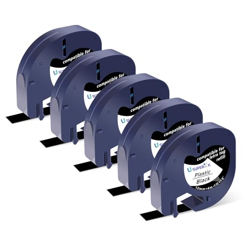 5PK 12mm x 4m White on Black Compatible for Dymo Letratag Refills 913318 - color: White on Black