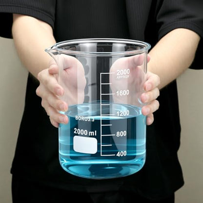 QWORK Borosilicate Glass 2000ml Beaker – Double Scale Measuring Cup for Lab, Classroom & Experiment Use