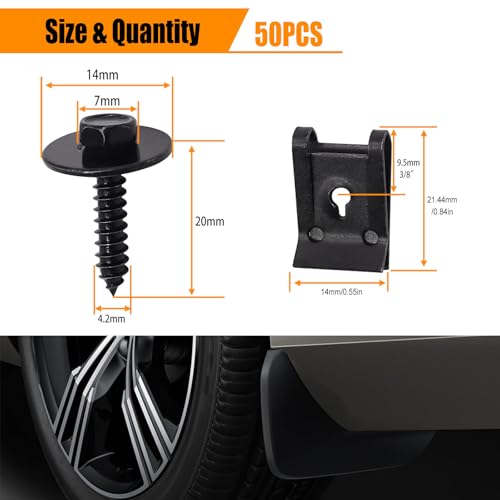 weideer 50PCS M4.2 Universal Fender Liner Screw U Nut Kit,Engine Splash Shield Hex Head Screw U Clips,Automotive Body Screws Clips (25sets) - color: BK-M4.2