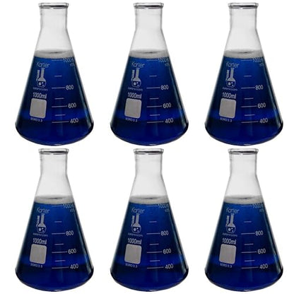 1000ml Narrow Mouth Erlenmeyer Flask, 3.3 Borosilicate Glass, Karter Scientific 213G14 (Pack of 6) - size: 1L, style: Pack of 6
