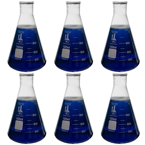 1000ml Narrow Mouth Erlenmeyer Flask, 3.3 Borosilicate Glass, Karter Scientific 213G14 (Pack of 6) - size: 1L, style: Pack of 6