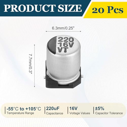 MECCANIXITY 220uF 16V Aluminum Electrolytic Capacitors, 6.3x7.7mm, 20pcs - size: 6.3x7.7mm, style: 220uF 16V