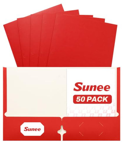 SUNEE Folders with Pockets 3 Hole Punched(50 Pack, Red), 2 Pocket Folders Fit Letter Size Paper, Paper File Folder for School Office Home Business - color: Red