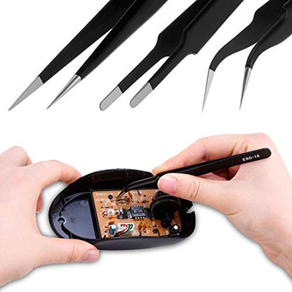Tweezers Precision Set,Easily Life 10pcs ESD Tweezers Set, Anti Static Stainless Steel Anti Magnetic Tweezers Set with Storage Bag for Craft,Electronics Repair,jewelry repair,Laboratory Work,etc