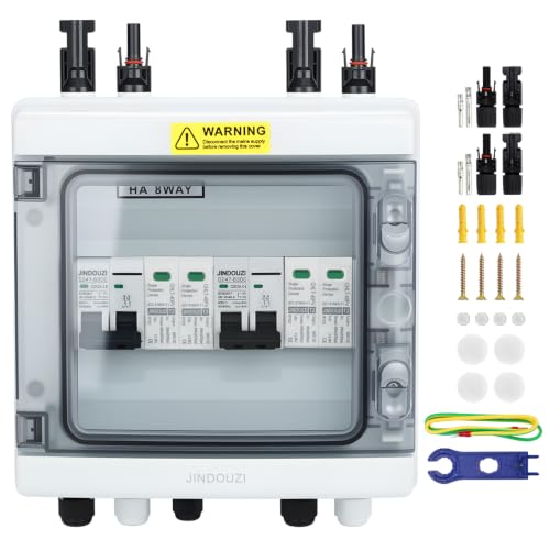 JINDOUZI 2 in 2 Out PV Combiner Box,1000V Solar Combiner Box with DC 20A Circuit Breaker and Surge Protector,IP65 Solar Disconnect Switch Box for Indoor Outdoor Solar Panel System - size: 2 In 2 Out 20A 1000V