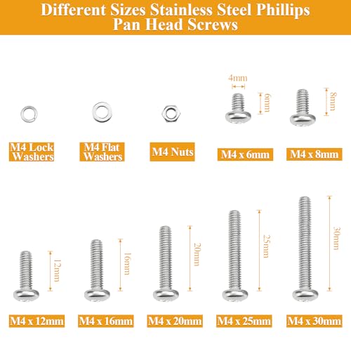 376 Pieces M4 Machine Screws Nuts Washers Set, Sutemribor M4 x 6/8/12/16/20/25/30mm Phillips Pan Head Machine Screws Nuts Washers Assortment Kit, 304 Stainless Steel, Fully Threaded - size: M4, style: Phillips Pan Head