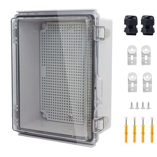 IP67 Waterproof Junction Box, ABS Plastic Electrical Enclosure with Stainless Steel Latch, Hinged Clear Cover Electric Box with Mounting Plate, Wall Brackets & Cable Glands 220x170x110mm - color: Clear, size: 8.7"x6.7"x4.3" Standard