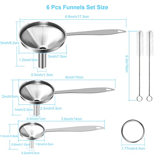 Large Small Funnel Set of 3, Food Grade Mini Funnels for Kitchen Use Filling Bottles Liquor Flask Tiny Spice Cooking Powder, 6Pcs Metal Stainless Steel Funnel (Long Handle), 2Pcs Cleaning Brushes YLYL