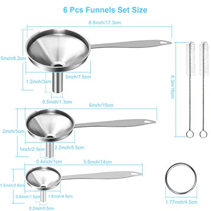 Large Small Funnel Set of 3, Food Grade Mini Funnels for Kitchen Use Filling Bottles Liquor Flask Tiny Spice Cooking Powder, 6Pcs Metal Stainless Steel Funnel (Long Handle), 2Pcs Cleaning Brushes YLYL
