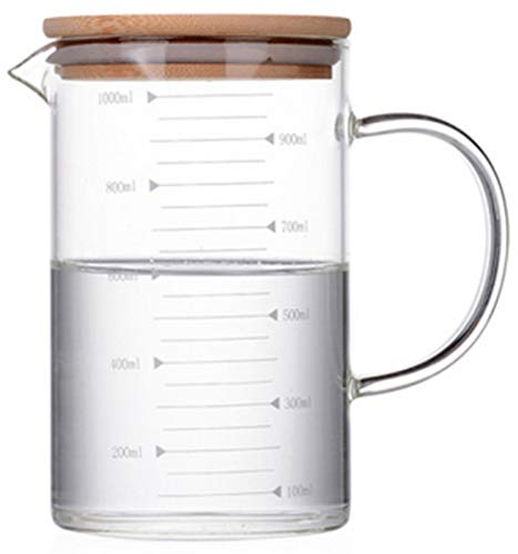 Graduated Beaker Mug with Handle and Durable Bamboo Lid Borosilicate Glass Multi-Function Food Grade Measuring Cup 1000ML