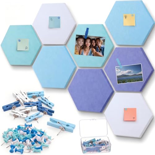 Mooliwe 8 Pcs 12 Inch Hexagon Cork Board Tiles Pins Clips, Blue - color: Blue