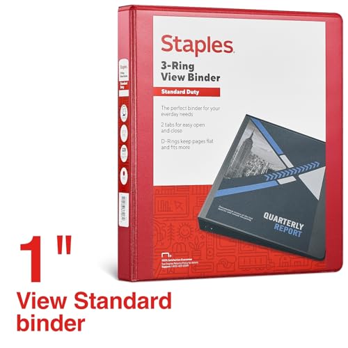 Staples Standard View Binder, 1 Inch Round Ring, Red, 175 Sheets - color: Red, size: 1-Inch, style: 1 Pack