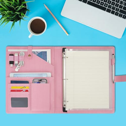 Wonderpool A4 PU Leather Portfolio Holder Ring File Document Case with Removable Binder Clipboard, Multi Pocket and Legal Pad for Business Organizer Interview and Meeting (Pink) - color: Pink