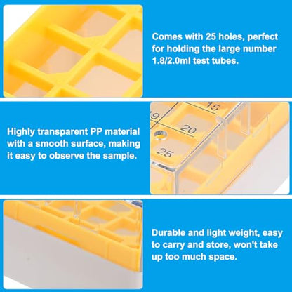 PATIKIL 25 Well Centrifuge Tube Freezer Storage Box, 2 Pcs Polypropylene Tube Rack for 1.8ML and 2.0ML Tubes Vials Samples, Yellow - color: Yellow