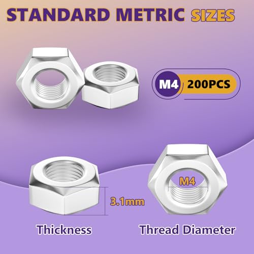 200Pcs M4-0.7mm Hex Nut Set 304 Stainless Steel - size: 200Pcs-M4