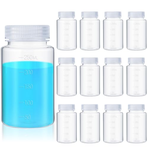 Tatuo 12 Pcs 8oz 250 ml Plastic Sample Bottles with Screw Cap, Liquid Containers with Lid for Lab Reagent Sample Medicine Pill Water Storage, Travel Bottles(Clear,Wide Mouth-White Scale) - color: Clear, size: 8 oz 250 ml, style: Wide Mouth-white Scale
