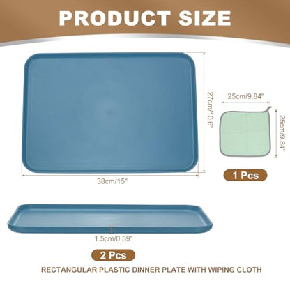 PATIKIL 15x10.6 Plastic Tray, 2 Pack Rectangular Plates Food Tray Wheat Plates Dishes Reusable Dessert Plate Trays with Cloth for Cake Fruits Salad Cupcake Steak Serving Dark Blue - color: Dark Blue, size: L(15"x10.6")