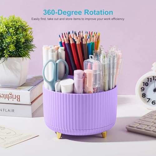 360 Rotating Plastic Desk Pen Organizer with 5 Slots, Dual-Purpose Art Supply Pencil Cup for Office, School, Home Light Purple - color: Light Purple