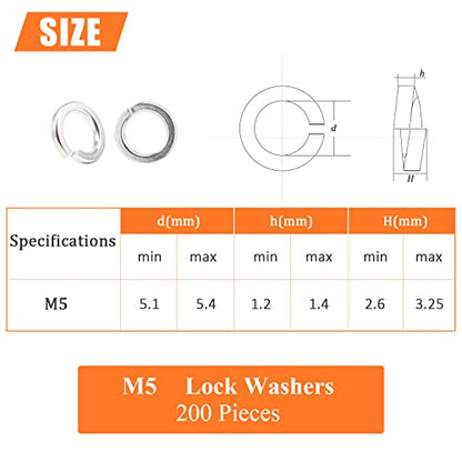 HELIFOUNER 200 Pieces M5 Stainless Steel Split Lock Washers, 304 Stainless Steel Spring Lock Washers for Screws Bolts, Silver - color: Silver, size: M5 (200 PCS)
