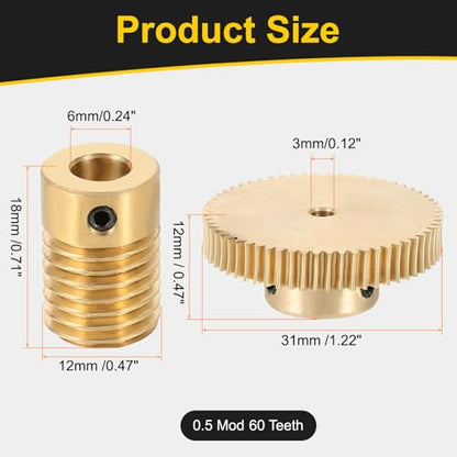 uxcell Worm Gear Set 60T 0.5 Module 60:1 Reduction Rate, Right Rotation Drive Gear Box Wheel Reduce Transmission Part (Brass Gear-3mm Bore, Brass Rod 6mm Bore) - size: Gear-3mm, Rod-6mm Bore, style: 0.5M-60T