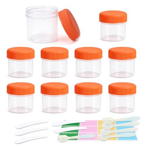 ASEVAT 10 Pack 1oz Travel Containers for Toiletries, 30ml Small Plastic Jars with Lids & Mini Spatulas, Cosmetic Jars for Creams, Slime, Lotions, Leak Proof Sample Containers (Clear/Orange) - color: Orange