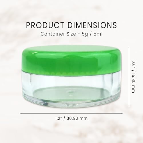 50 New Empty 5 Grams Acrylic Clear Round Jars - BPA Free Containers for Cosmetic, Lotion, Cream, Makeup, Bead, Eye shadow, Rhinestone, Samples, Pot, Small Accessories 5g/5ml (GREEN LID)