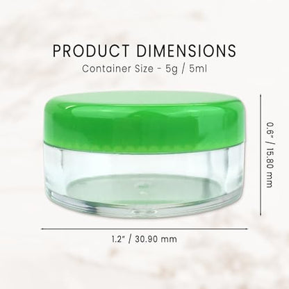 50 New Empty 5 Grams Acrylic Clear Round Jars - BPA Free Containers for Cosmetic, Lotion, Cream, Makeup, Bead, Eye shadow, Rhinestone, Samples, Pot, Small Accessories 5g/5ml (GREEN LID)
