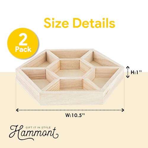 Hammont Hexagon Wooden Tray – 2-Pack – 10.5″ x 1″ – 7 Section Divided Serving & Snack Platter for Appetizers, Veggies, Montessori Activities - style: Hexagon Tray - Large