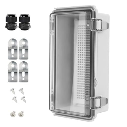 LeMotech Electrical Box, IP67 Waterproof Hinged Clear Cover Stainless Steel Latch Junction Box, ABS Plastic Electrical Enclosure with Mounting Plate,Wall Brackets, Cable Glands,8.2"x4.2"x2.9",Grey - color: Clear Cover, size: 8.2"x4.2"x2.9"