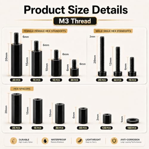 620PCS M3 Nylon Standoff Kit, Black Male Female Threaded Spacers with Screws Nuts Washers, PCB Motherboard Mounting Insulating Standoffs for Circuit Board Electronics DIY