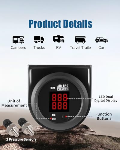 Air Pressure Gauge Dual Display Air Suspension Gauge 220PSI Digital LED Display 12V/24V DC Air Ride Pressure Gauges with 1/8NPT Sensor Kit 2-1/16" (52mm) for Air Ride Suspension Systems - color: Red, size: Dua-Display