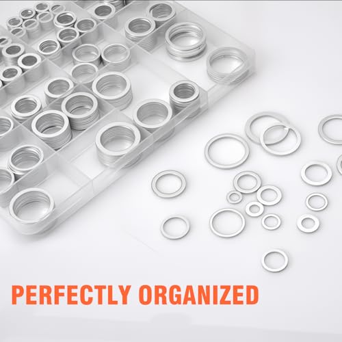 580PCS Aluminum Crush Washer Assortment - 18 Sizes (M6 to M24) Oil Drain Plug Gasket Kit for Automotive, Motorcycle, Equipment - High Temp Sealing Kit