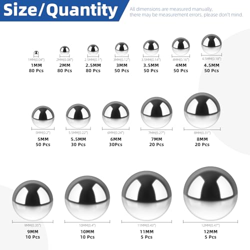 Glarks 620pcs 16 Sizes Precision Bearing Balls, Bearing Balls Assortment, Steel Ball Bearing for Machinery, Automotive, Valves, Ball Mill - style: 620pcs 16 sizes