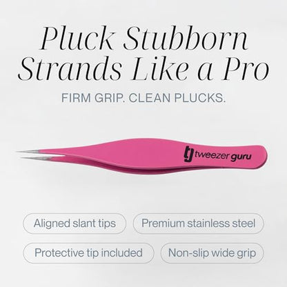 Tweezer Guru Ingrown Hair Tweezers - Pointed Precision Tweezers for Eyebrows & Ingrown Hair Removal - Blackhead and Splinter Tweezer with Sharp Needle Nose Point (2 Piece Set, Pink (Point+Slant)) - color: Pink