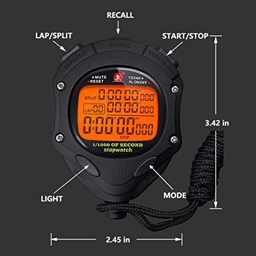 Digital Stopwatch Timer with Back Light Stop Watch 0.001second Timing|100 Lap Memory,Large dispaly Alarm Clock for Coach Sports Swimming Running Marathon Competition(100LAP(Back Light)) - color: 100 Lap-backlight-black