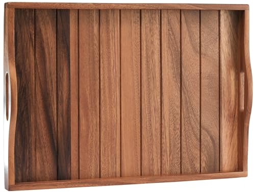Joy&Grace Large Acacia Wooden Serving Tray with Handles 20 x 14 inch Decorative Coffee Table Ottoman Tray for Living Room Extra Large for Kitchen Dinner Food Bar Breakfast in Bed (Color Natural) - color: Natural Wood