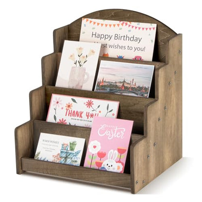 PUERSI Greeting Card Display Stand, Wooden 4-Tier Postcard Display Stand - color: Brown