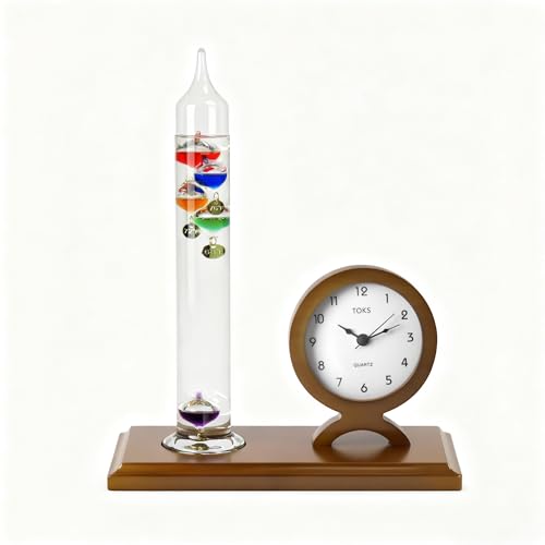 Lily's Home Galileo Thermometer with Clock-5 Spheres, 64ºF-80ºF Range–Clock with Quiet Movement - Elegant 2-in-1 Design-Ideal Gift for Home/Living Room Decor-Galileo Thermometer Indoor(9 inx11.6 in) - style: Clock with Quiet Movement
