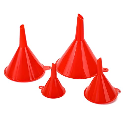 4 PCS Oil Funnels, 4 Sizes Wide Mouth Plastic Gas Funnel with Long Reaching Spout, Automotive Filling Funnels Liquid Transfer Set for Engine Oil Gasoline Coolant, Car Accessories