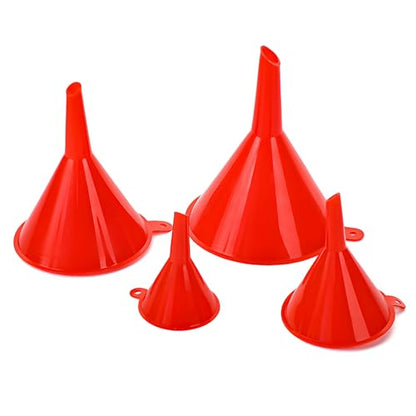 4 PCS Oil Funnels, 4 Sizes Wide Mouth Plastic Gas Funnel with Long Reaching Spout, Automotive Filling Funnels Liquid Transfer Set for Engine Oil Gasoline Coolant, Car Accessories